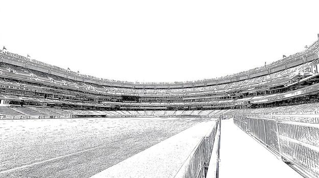Wide stadium interior with grass field and tiered seating, sketched photo