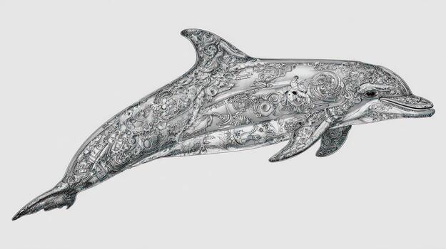 Intricate patterned dolphin, detailed black-and-white drawing on white photo