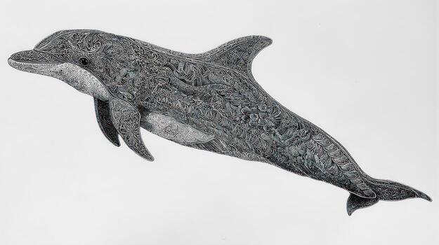 Dolphin drawing, detailed stippling texture creates a smooth, graceful form photo