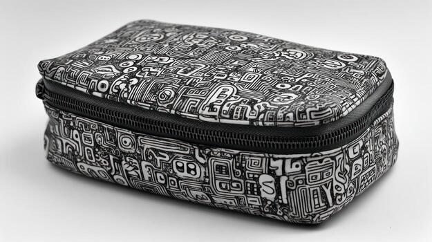 Rectangular pouch with intricate monochrome maze pattern and a black zipper photo