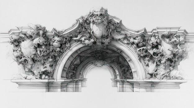 Elaborate architectural archway with ornate carvings and skull details photo