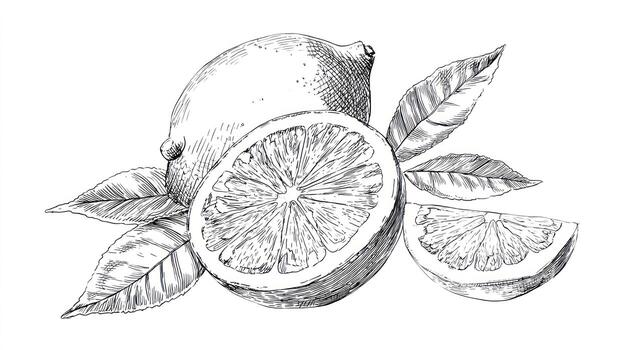 Lemon drawing shows whole, halved, and sliced fruit surrounded by leaves photo