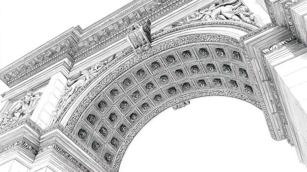 Ornate archway low-angle view shows detailed carvings and coffered arch ceiling photo