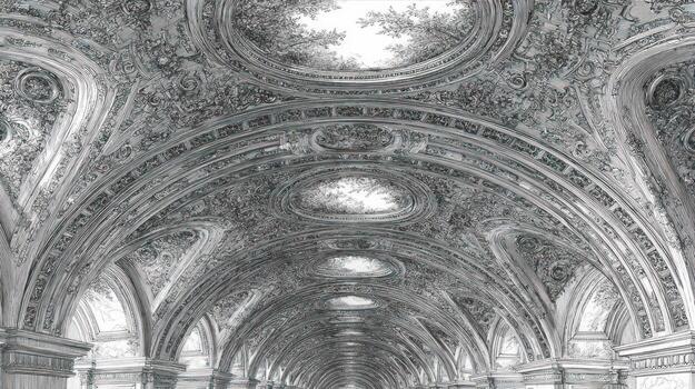 Ornate ceiling architecture, arched hallway, intricate plasterwork and oval openings photo