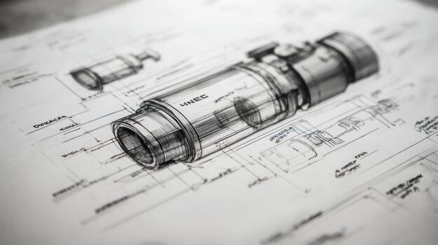 Detailed technical blueprint sketch of cylindrical mechanism on paper photo