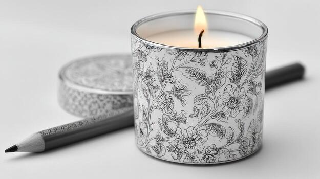 Floral candle burning, with a pencil and patterned round box photo
