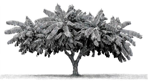 Grayscale tree with dense foliage and distinct, large leaves photo