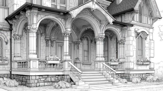 Intricate, detailed sketch of an ornate architectural Victorian era building photo