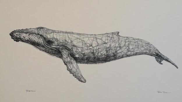 Hatchwork whale rendering, aquatic mammal sketch on off-white background photo