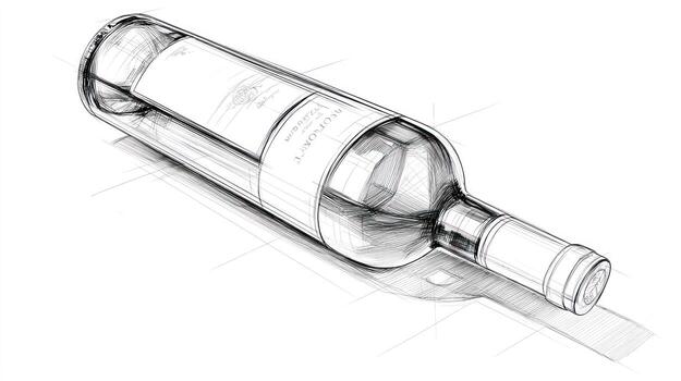 Wine bottle sketch angled view, label, light and shadow effect, perspective lines photo