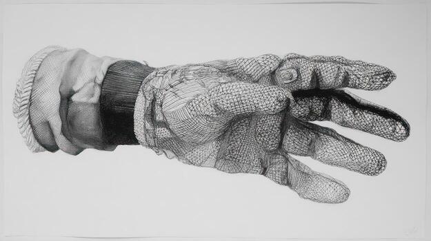 Graphite drawing of textured glove with sleeve extending, palm out, fingers spread photo