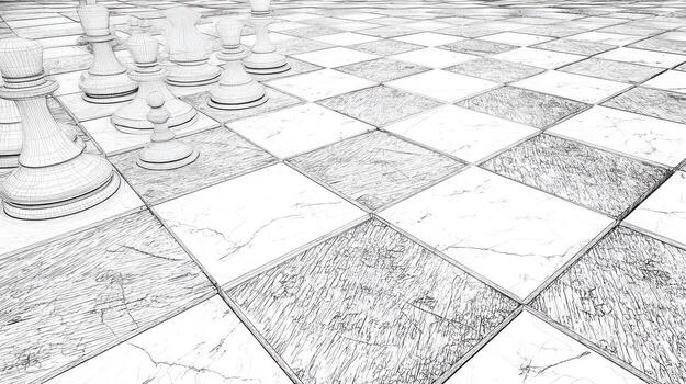 Chess pieces, white outlines, on a marble-patterned checkered floor, artistic style photo