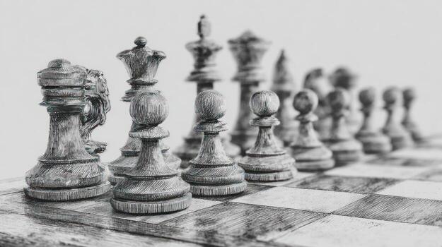 Black-and-white chess pieces arranged on a chessboard, focused in foreground photo