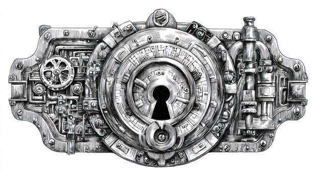 Intricate mechanical lock with pipes, gears, and a keyhole, greyscale drawing photo
