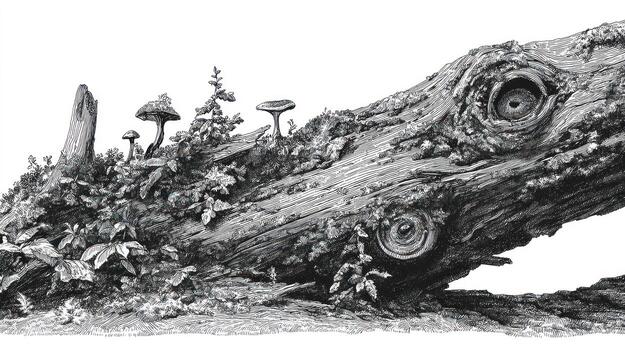 Log art with knots resembling eyes, foliage, and mushrooms photo