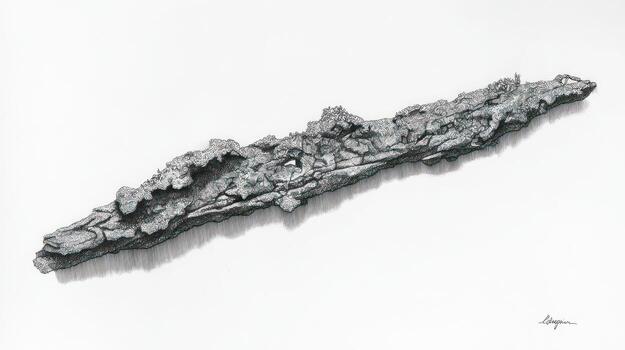 Realistic monochrome drawing of weathered bark fragment isolated photo