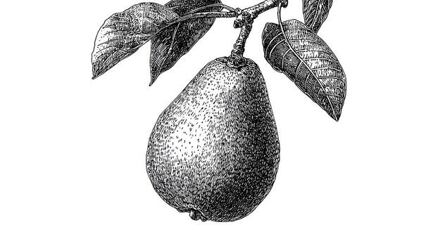 Pear hangs from branch with leaves, rendered in detailed black and white art photo