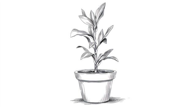 Potted plant with leaves sketch in grayscale, white background photo