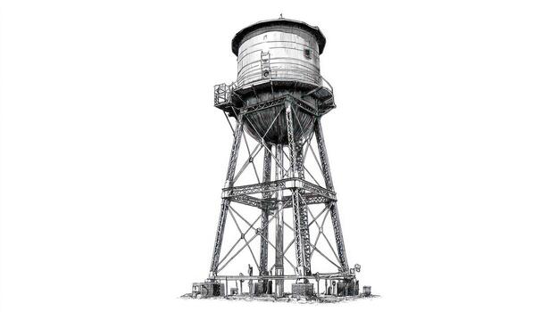 Ornate water tower drawing against a stark white background, angled view photo