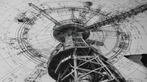 Intricate drawing of a towering structure with circular details photo