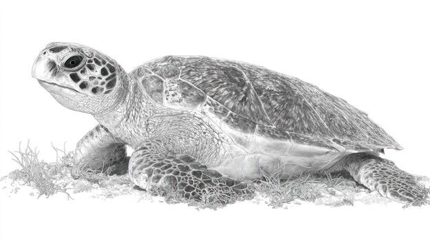 Grayscale sea turtle on the sand, facing left photo