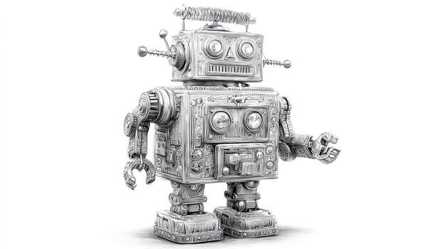 Retro, metallic robot stands, detailed texture and vintage design, bright background photo