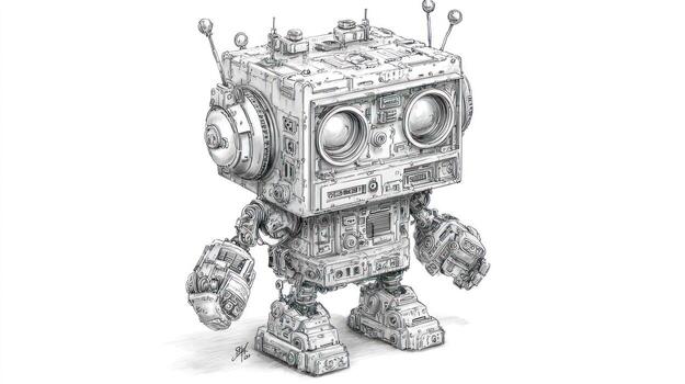 Sketch of detailed, cube-shaped robot with antennas and heavy feet photo