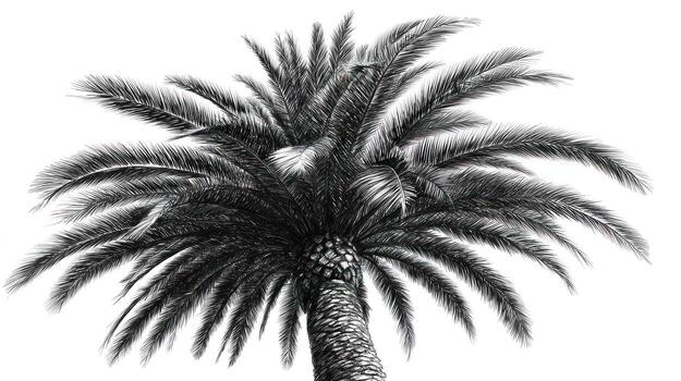 Monochrome palm tree, viewed from below, against white backdrop photo