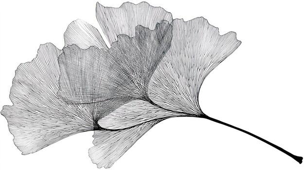 Two layered ginkgo leaves with a thin stem, detailed line art style photo