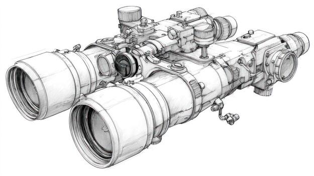 Detailed sketch of complex binoculars with knobs and focus adjustments photo