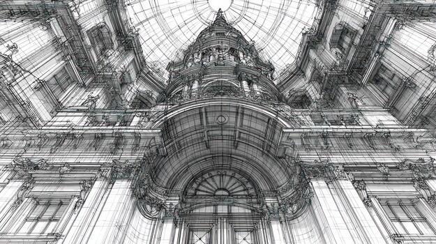 Detailed sketch of a grand classical building with arched entry and glass dome photo