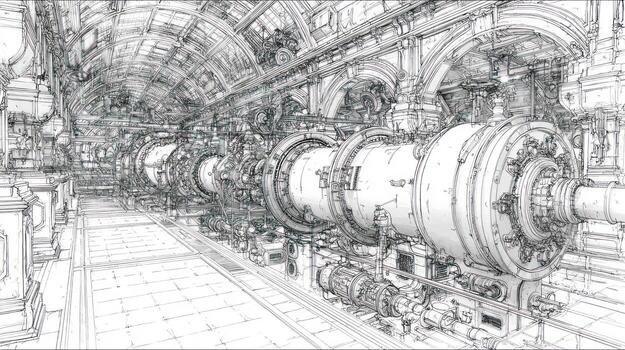 intrincado técnico dibujo vitrinas un complejo máquina en un corredor foto
