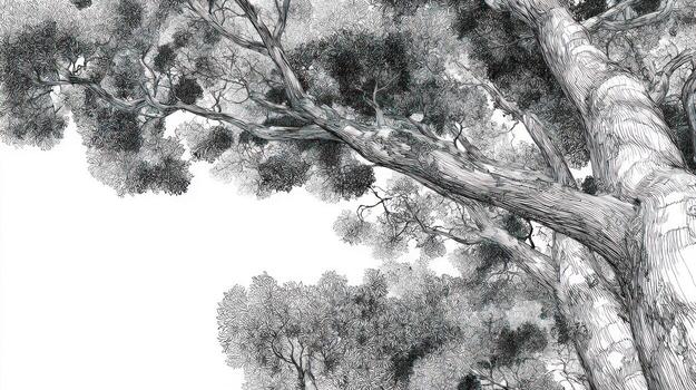 Forest canopy illustration, looking up through branches, shaded in greyscale photo