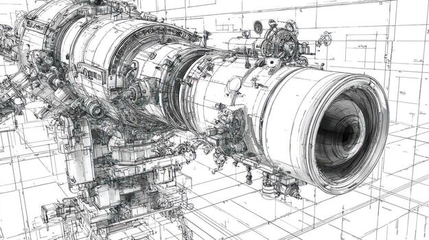 Complex mechanical structure drawing with grid background photo