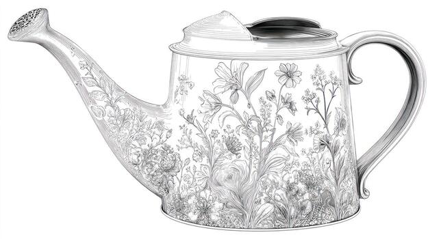 Ornate watering can with delicate floral pattern, silver finish, intricate detail photo