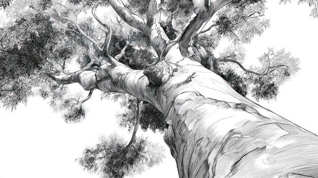 Towering, sketched tree looking up at the leaves in the bright sky photo