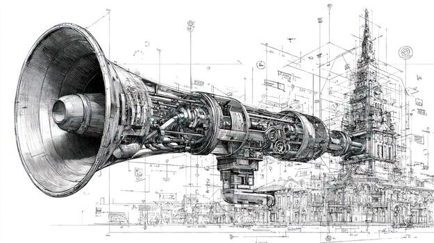 intrincado técnico dibujo de un megáfono adjunto a un ciudad aguja foto