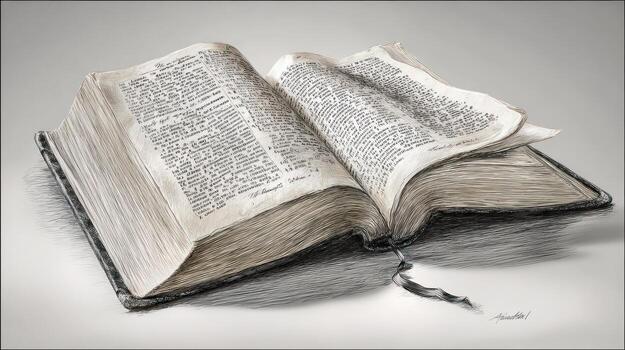 Open book with aged pages, showing text, in a grayscale drawing style photo