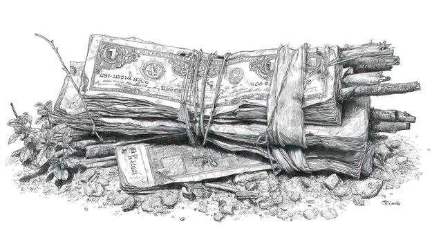 Stack of cash tied with sticks and string, surrounded by leaves, on rocky ground photo