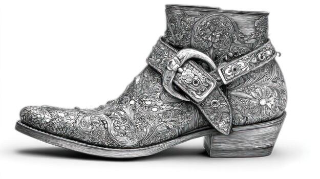 Ornate, tooled-leather boot with buckle, detailed silver design, low angle view photo