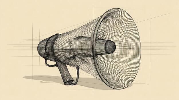 con líneas de escotillas dibujo de un megáfono. técnico sequía en un Clásico beige antecedentes foto