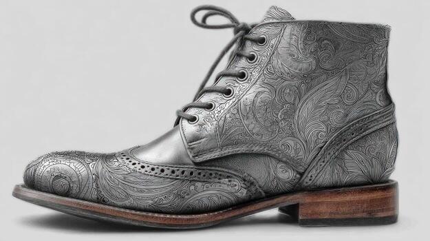 Etched leather boot with patterned detail against a neutral backdrop photo