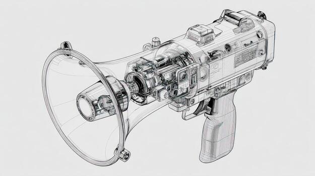 Transparent design Loudspeaker pistol rendered with intricate wireframe detail photo