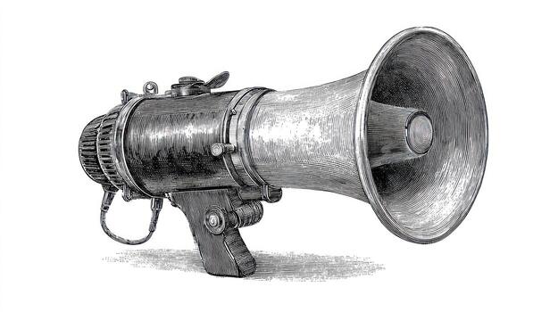 Antique megaphone sketch. Old communication device with handle. White background photo
