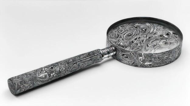 Ornate magnifying glass with a swirling pattern on a white background photo
