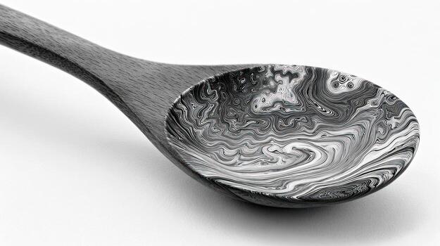 Marbled patterned grayscale spoon resting on white surface, close-up shot photo