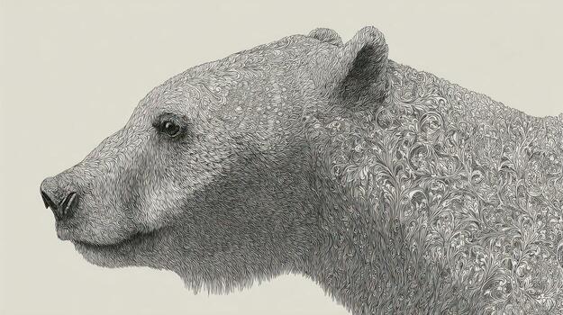 Bear head profile with curly fur, neutral background in grayscale pencil drawing photo