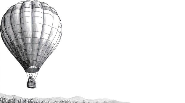 Detailed drawing of a hot air balloon floating above distant trees photo