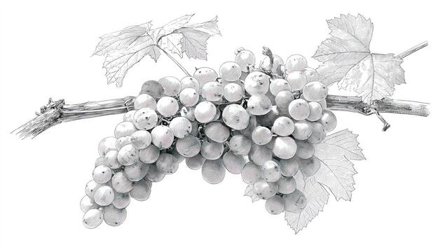 Gray drawing of grapes and leaves attached to a branch, grayscale image photo