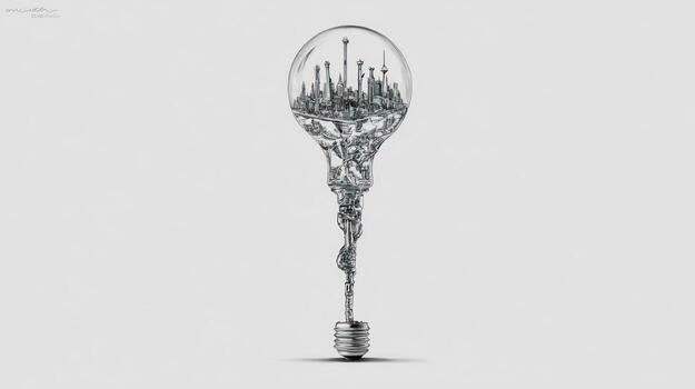 Lightbulb filled with a surreal, metal cityscape on a white backdrop photo